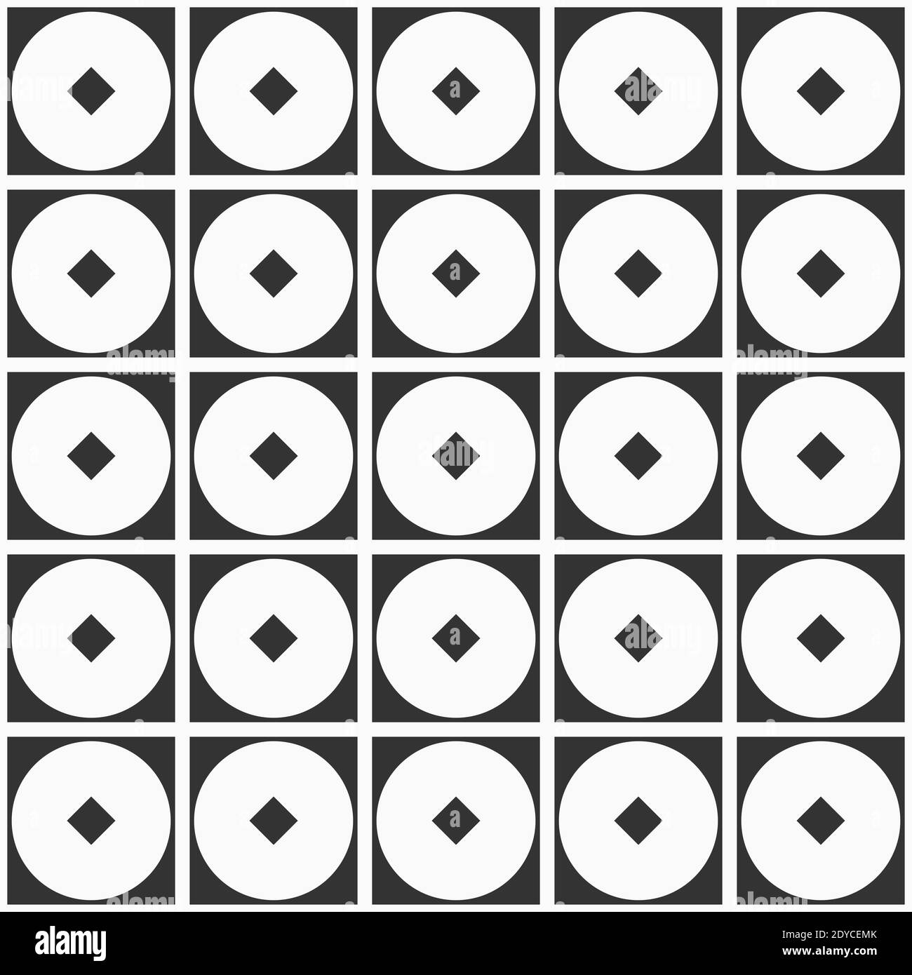 Abstraktes geometrisches Nahtloses Muster mit Quadraten, Kreisen und Rauten. Wiederholendes geometrisches Ornament. Einfacher Grafikdruck. Vektorgrafik monochrom. Stock Vektor