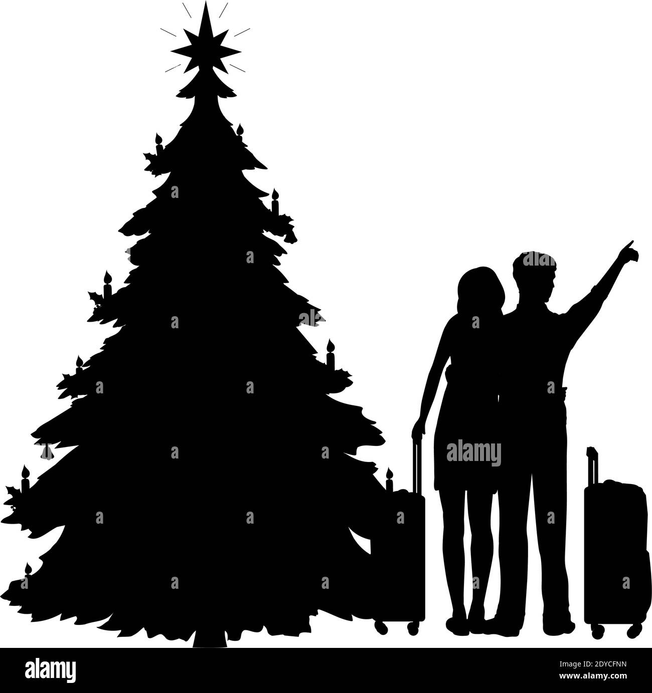 Silhouetten Männer und Frauen träumen davon, im kommenden neuen Jahr zu reisen. Weihnachtsbaum. Symbol für die Abbildung Stock Vektor