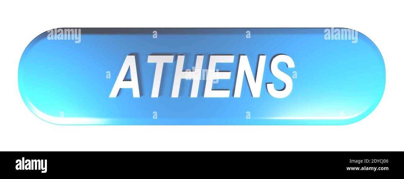 ATHEN blau abgerundeten Rechteck Druckknopf isoliert auf weißem Hintergrund - 3D Rendering Illustration Stockfoto