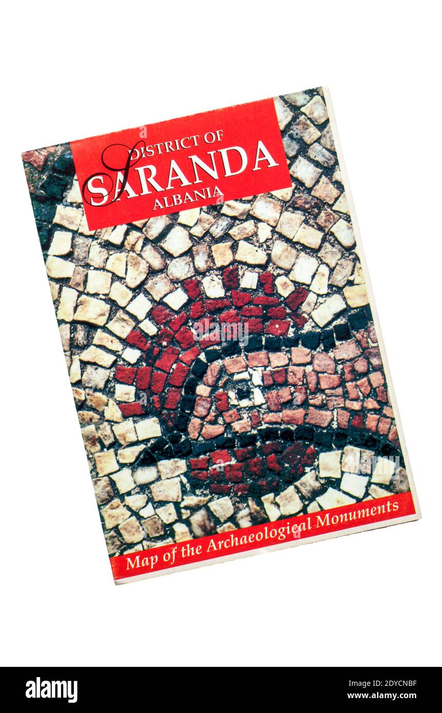 Eine Karte der archäologischen Denkmäler im Bezirk Saranda von Albanien. Stockfoto