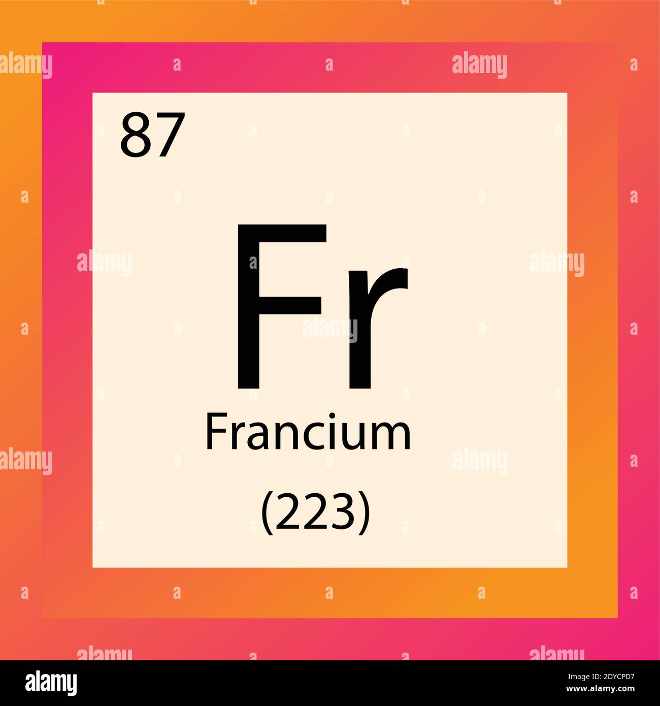 Fr Francium Periodensystem Für Chemische Elemente. Einzelelement-Vektordarstellung, Alkali-Metallelement-Symbol mit molarer Masse und Ordnungszahl Stock Vektor