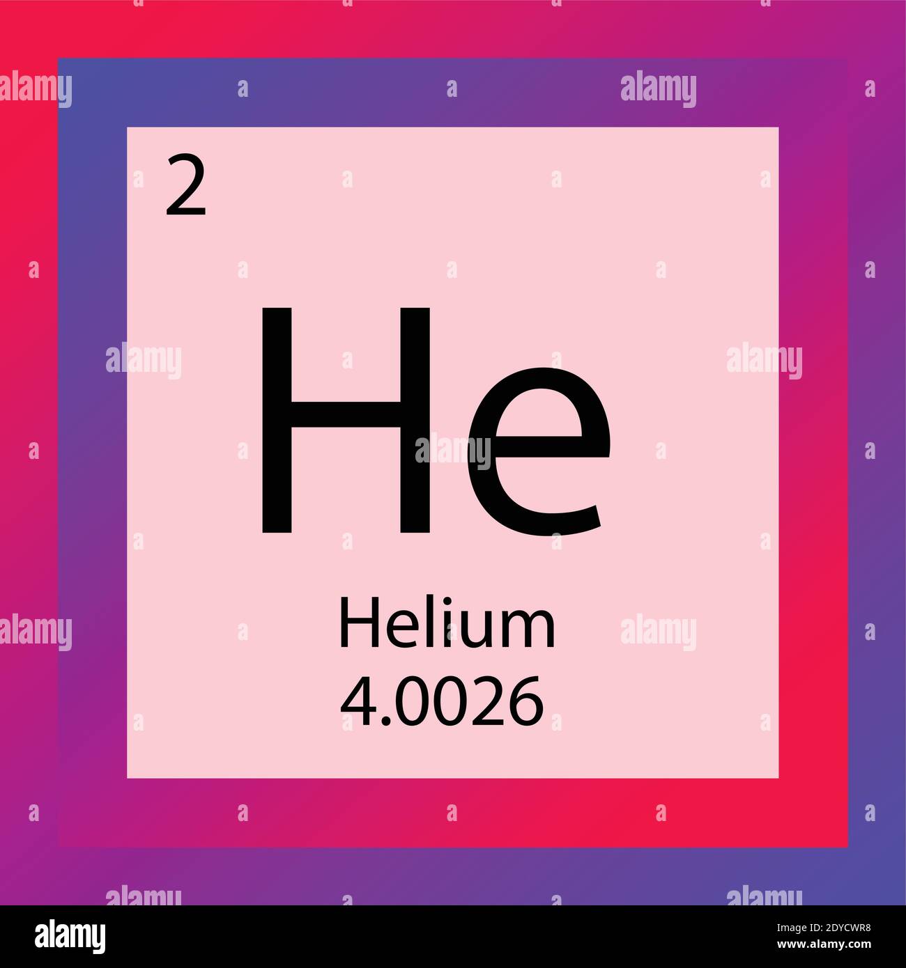 He Helium Chemical Element Periodensystem. Einzelelement-Vektor-Abbildung, Edle Gase Element-Symbol mit molarer Masse und Ordnungszahl. Stock Vektor