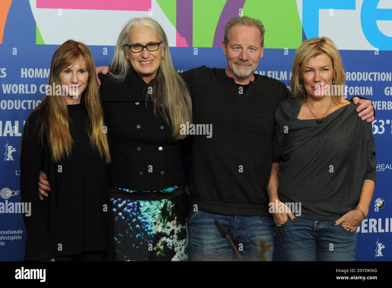 Schauspielerin Holly Hunter, Regisseurin Jane Campion und Schauspieler Peter Mullan und Robyn Malcolm bei der Pressekonferenz "Top of the Lake" während der 63. Berlinale, Internationale Filmfestspiele Berlin, Deutschland, am 11. Februar 2013. Foto von Aurore Marechal/ABACAPRESS.COM Stockfoto