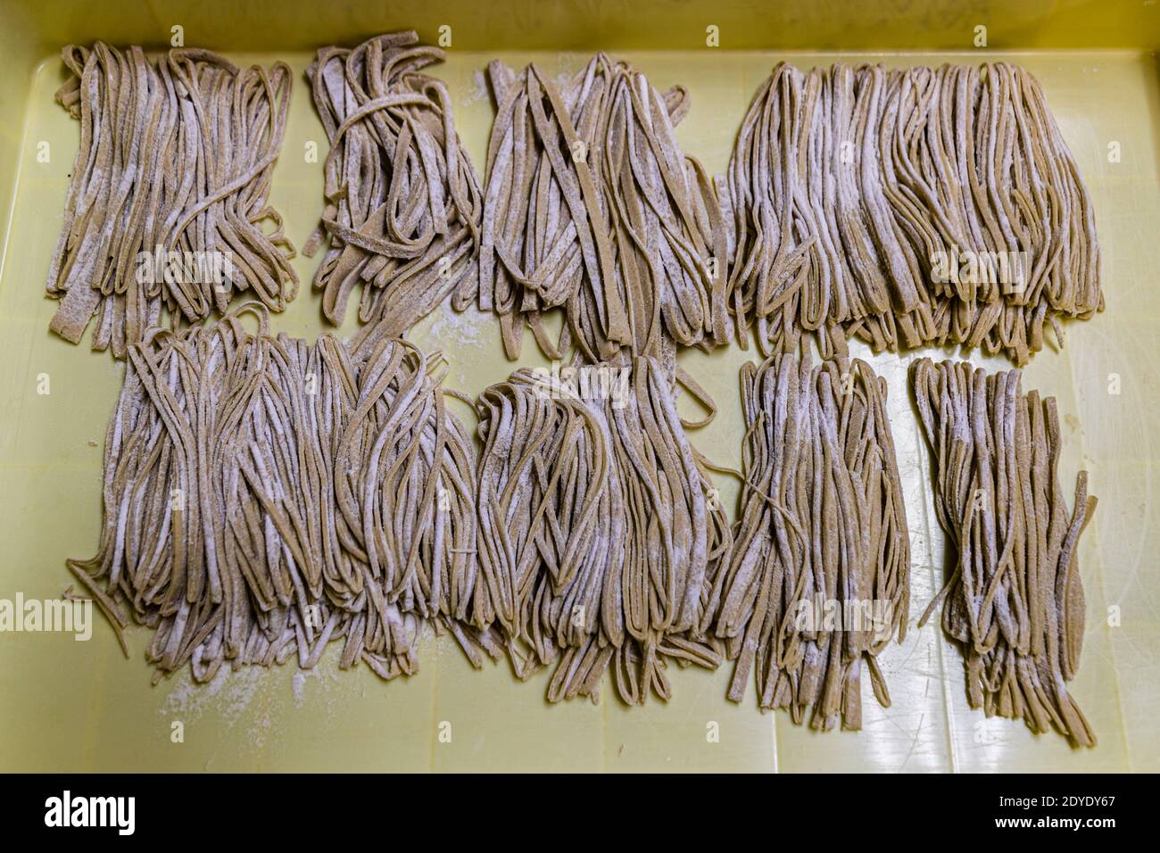 Soba Noodle Preparation in Fujinomiya, Japan. Soba Nudeln bereit für den Kochtopf. Dass hier auch ein ungelernter Arbeiter am Werk war, kann man an den Streifen erkennen, von denen einige viel zu dick sind Stockfoto