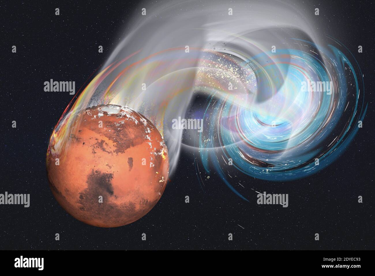 Schwarzes Loch verbraucht Planet Mars irgendwo im tiefen Raum mit kosmischem Staub. 3D-Renderdarstellung. Elemente dieses Bildes wurden von der NASA eingerichtet Stockfoto