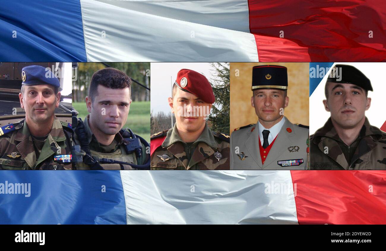 Das Komposit-Bild zeigt (aus L) die fünf französischen Soldaten, die in Mali gestorben sind, seit Frankreich Mitte Januar 2013 seine Intervention im Land begann: Leutnant Damien Boiteux, 41, getötet am 11. Januar - Stabsfeldwebel Harold Vormezeele, 33, getötet am 19. Februar - Kaporal Cedric Charenton, 26, getötet am 2. März - Lance sargeant Wilfried Pingaud, 27, getötet am 6. März - und Kaporal Alexandre Van Dooren, 24, getötet am 16. März. Ein französischer Korporal wurde bei Kämpfen im Norden Malis getötet. Foto von SIRPA/ABACAPRESS.COM Stockfoto