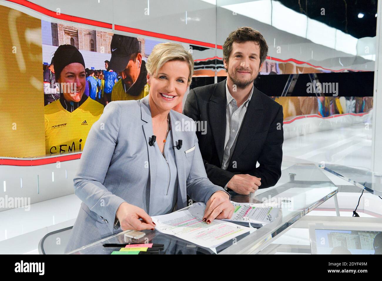 Celine Geraud und Guillaume Canet bei der Aufnahme von 'Stade 2' am 3. März 2013 in Paris, Frankreich. Foto von Max Colin/ABACAPRESS.COM Stockfoto