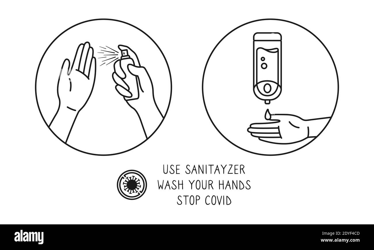 Symbol schwarze Linie Desinfektion von Virus. Händedesinfektionsmittel, Wand oder Spray. Händewaschen, Desinfektion Hygiene-Infografik. Antiseptische Cartoon-Kollektion. Illustration isolierter Vektor für das Gesundheitswesen Stock Vektor