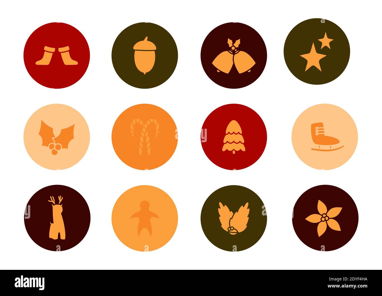 Weihnachts flache Symbole gesetzt. Bunte Symbole der Winterferien Socke, Sterne, weihnachtstanne, Glocken. Button Xmas Logo, Web-Zeichen, Piktogramme Paket. Auf weißer Vektorgrafik isolierte Elemente Stock Vektor