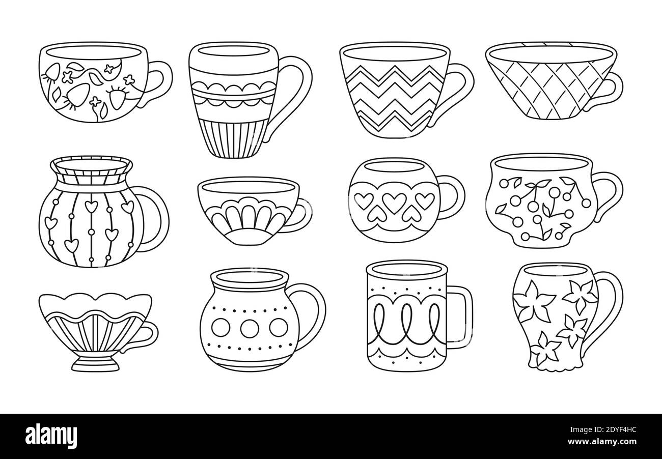 Tasse mit Tee oder Kaffee schwarz umreißen Cartoon Stil set. Flache moderne Kollektion. Verschiedene Ornamente verziert. Hand gezeichnet Linie trendy Geschirr, Griff trinken Getränk. Isolierte Vektordarstellung Stock Vektor