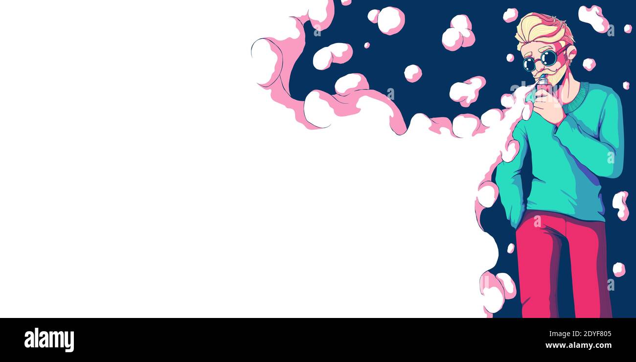 Bärtige Hipster Mann vaper Stand und Rauch vape Modus. Mann, der dampft. Alternative zum Rauchen. Rauchen aufhören. Gesunder Lebensstil. Vektorgrafik in Farbe Stock Vektor