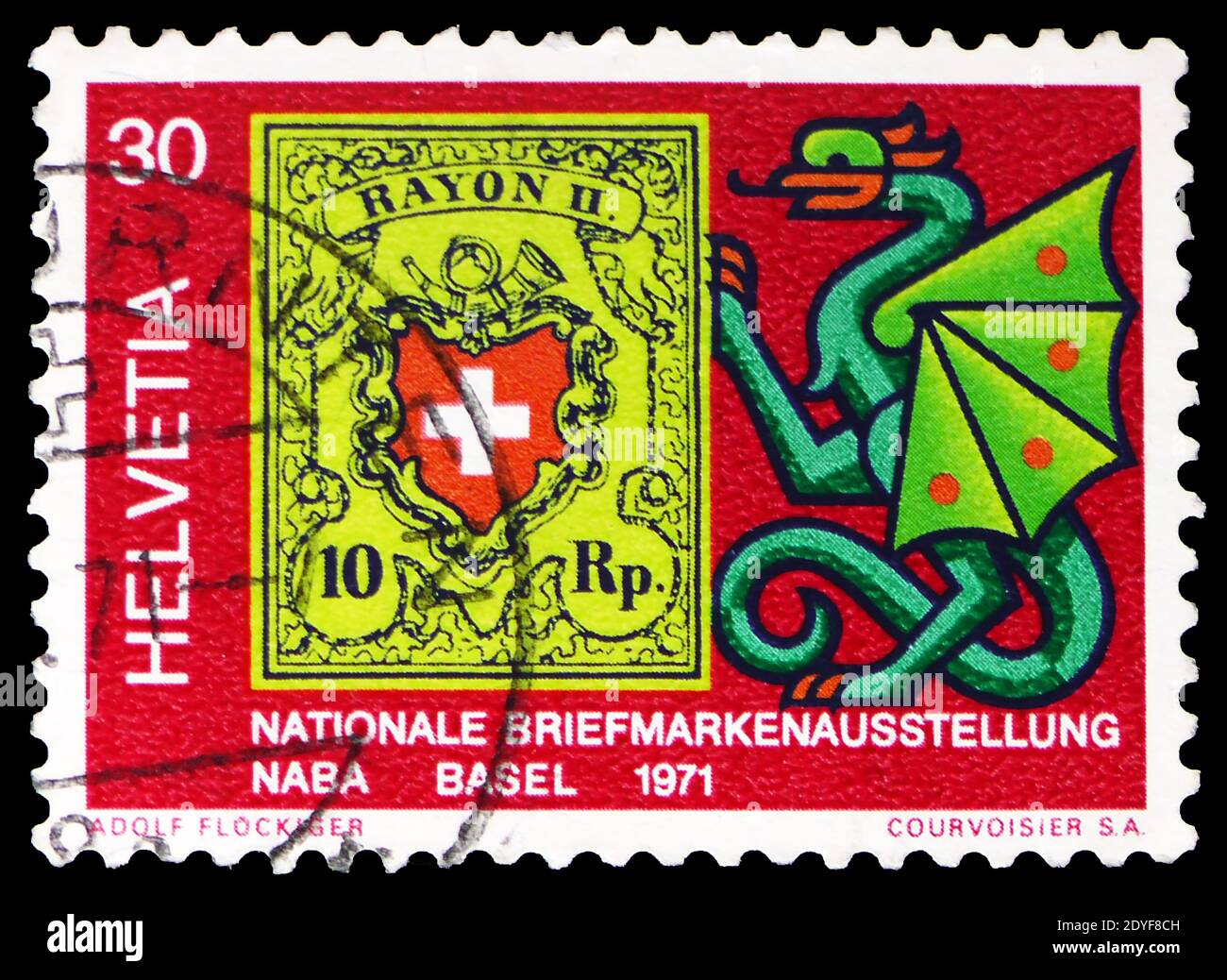 MOSKAU, RUSSLAND - 23. MÄRZ 2019: Eine in der Schweiz gedruckte Briefmarke zeigt Stamp MiNr. CH 8 und Drache, Briefmarkenausstellung NABA Serie, um 1971 Stockfoto