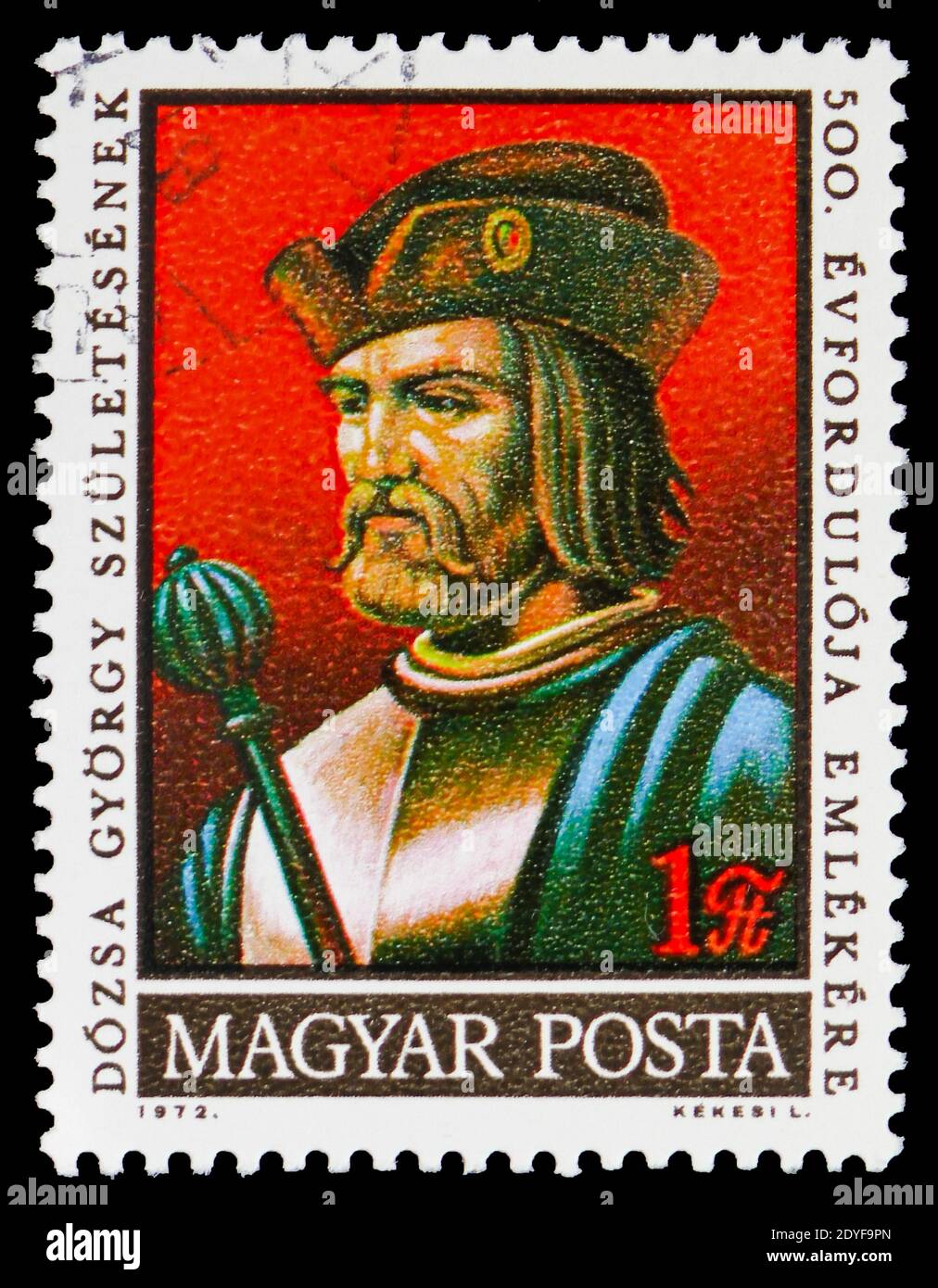 MOSKAU, RUSSLAND - 22. FEBRUAR 2019: Eine in Ungarn gedruckte Briefmarke zeigt Gyorgy Dozsa (1474-1514) Bauernführer, Personalities Serie, um 1972 Stockfoto