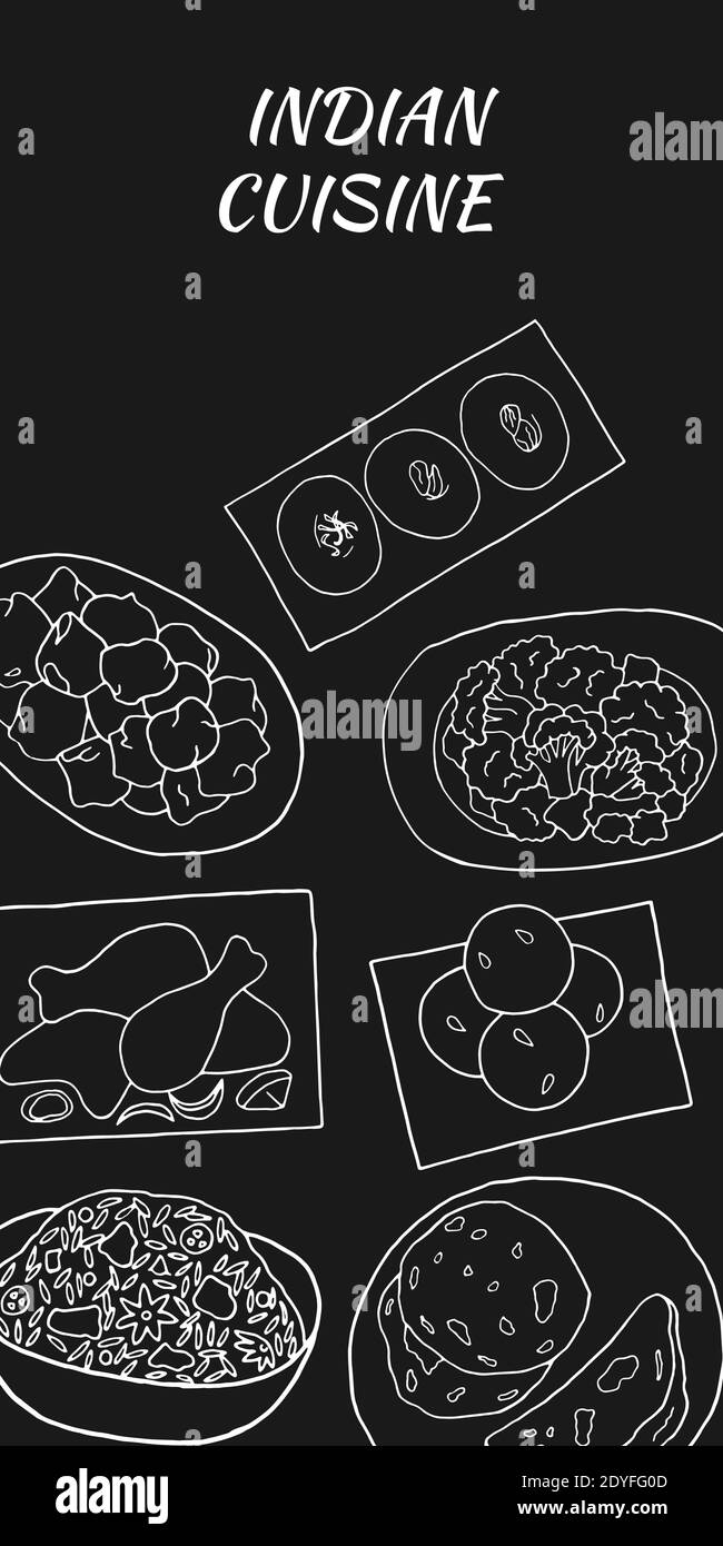 Vektor Hand gezeichnet von indischen Küche Poster mit aloo gobi, biryani, laddu, naan, pakora, sandesh, Huhn tandoori. Skizzenelement für Menü CAF entwerfen Stock Vektor