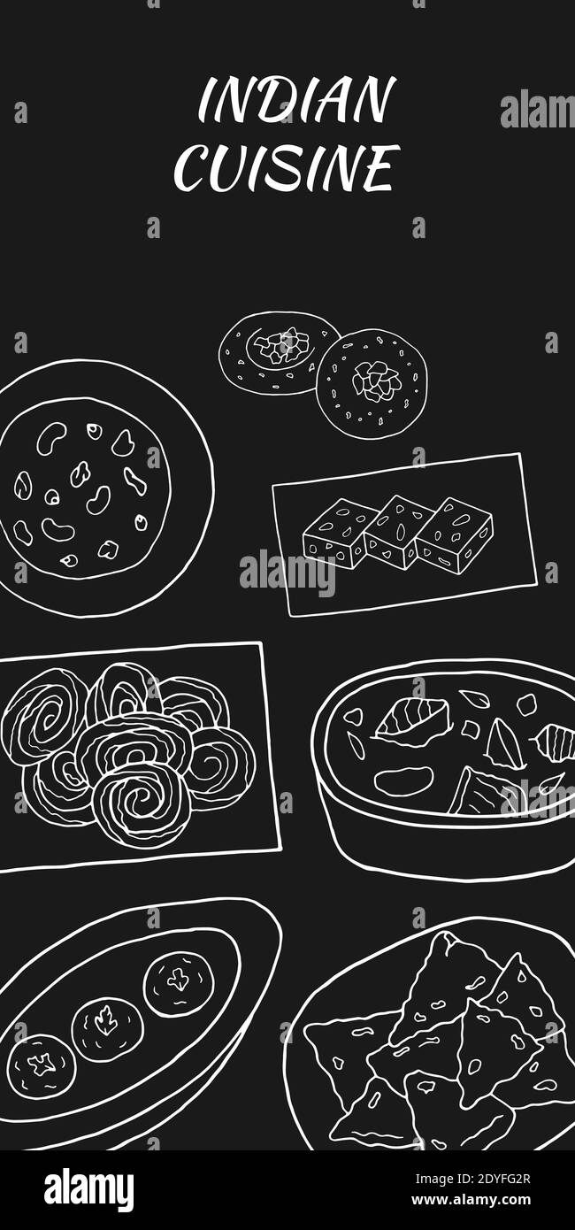 Vektor Hand gezeichnet von indischer Küche Poster mit Jalebi, Sesam Barfi, malai kofta, navratan korma, rasmalai, samosa. Skizzenelement für Menü ca. entwerfen Stock Vektor