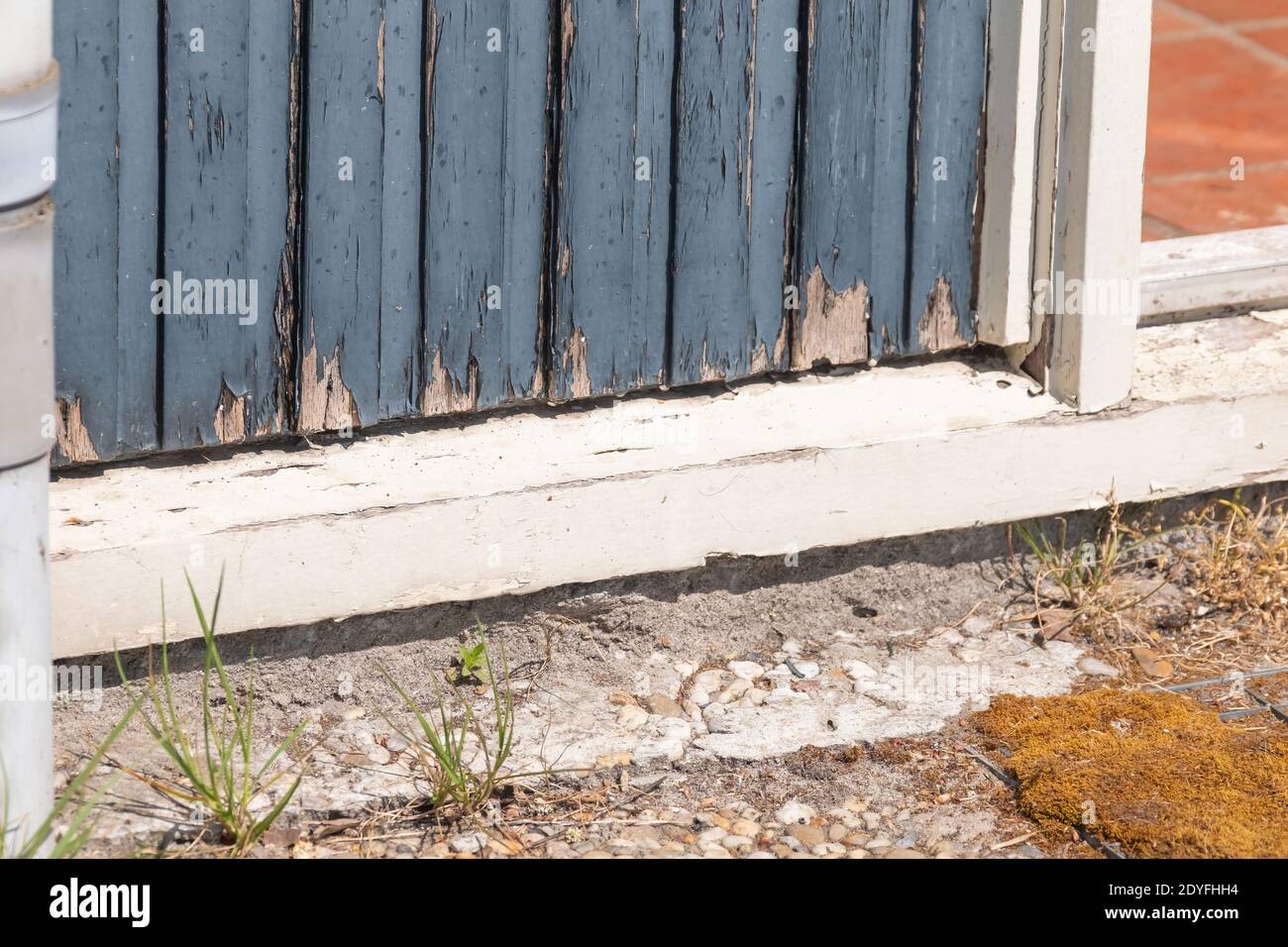 Teil einer nicht instandgehaltenen Tür und Rahmen. Farbe blättert ab, verfaulte Rahmen. Aufgeschobene Wartung. Ziegelwand. Stockfoto