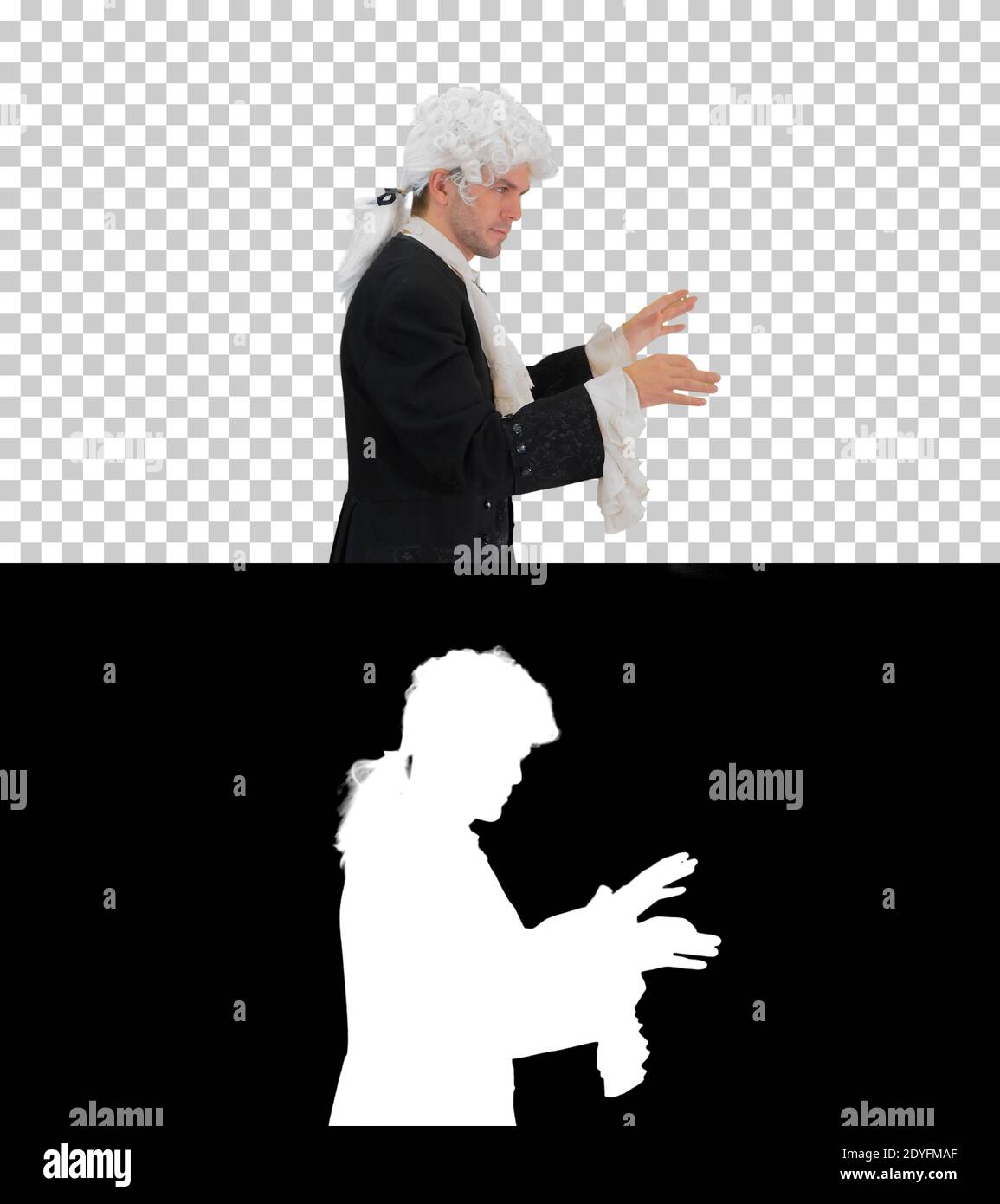 Mann gekleidet wie Mozart beim Gehen, Alpha Channel Stockfoto