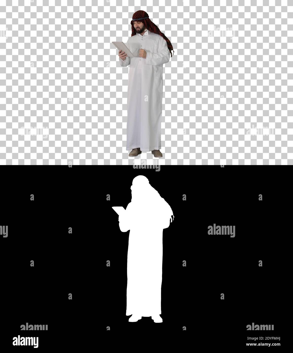 Arabischer Geschäftsmann mit Tablet, Alpha Channel mit Silhouette Stockfoto