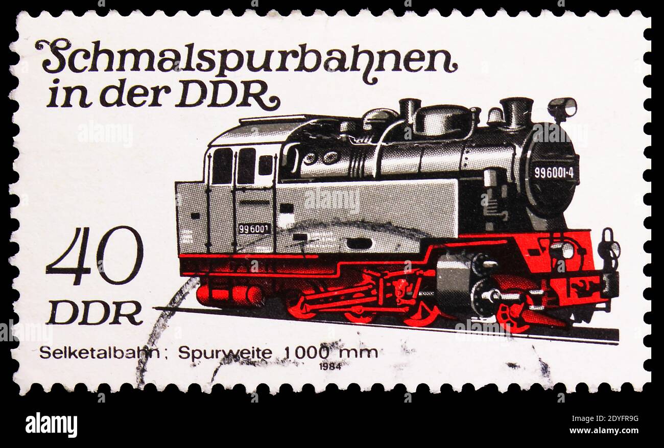 MOSKAU, RUSSLAND - 19. JUNI 2019: Briefmarke gedruckt in Deutschland, Demokratische Republik, zeigt Selkethal Eisenbahn, Schmalspurbahn Serie, um 198 Stockfoto