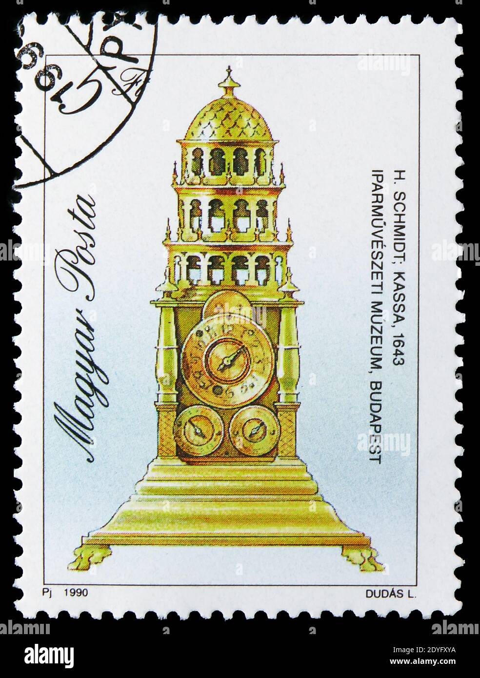 MOSKAU, RUSSLAND - 19. JULI 2019: Briefmarke gedruckt in Ungarn zeigt Tischuhr, 1643, Antike Uhren Serie, um 1990 Stockfoto