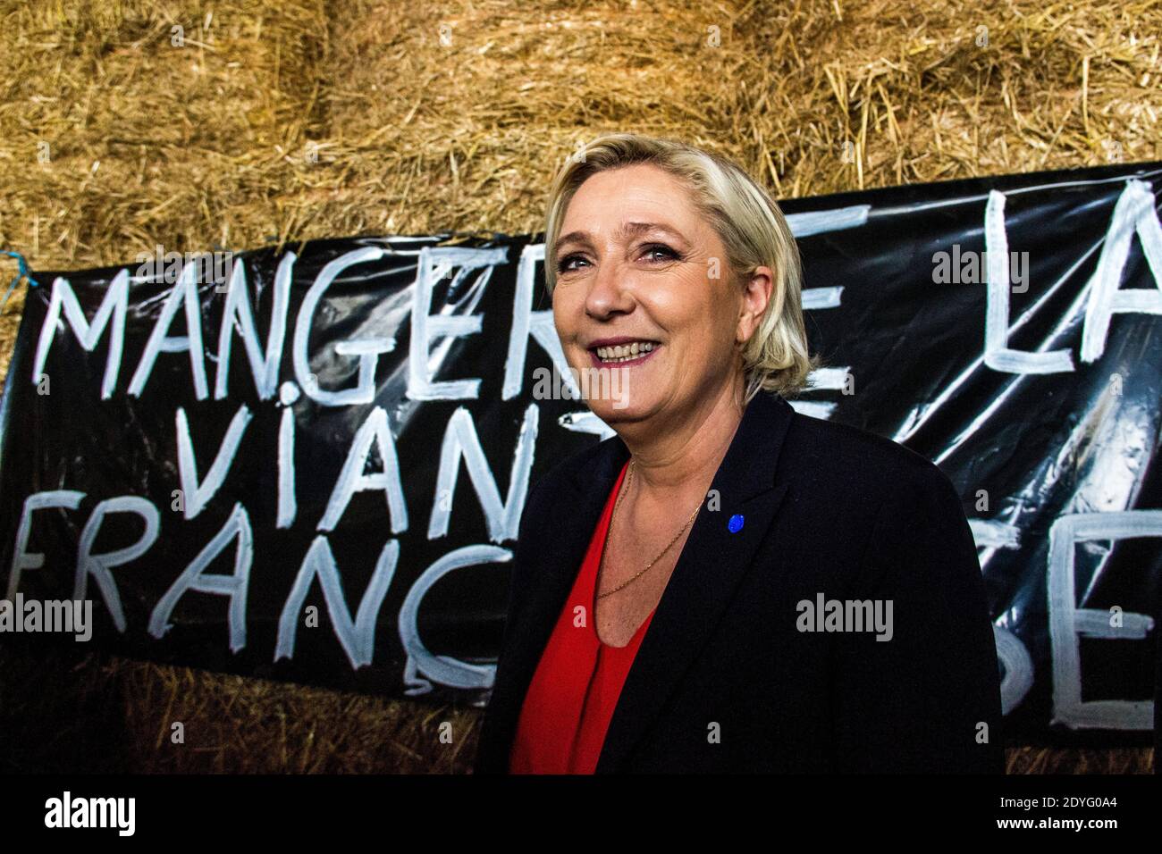 Marine Le Pen besucht eine Schweinehaltung in der Bretagne. Marine Le Pen, die Kandidatin der rechtsextremen Front National Party (FN), besuchte eine Schweinehaltung in Pordic Stockfoto