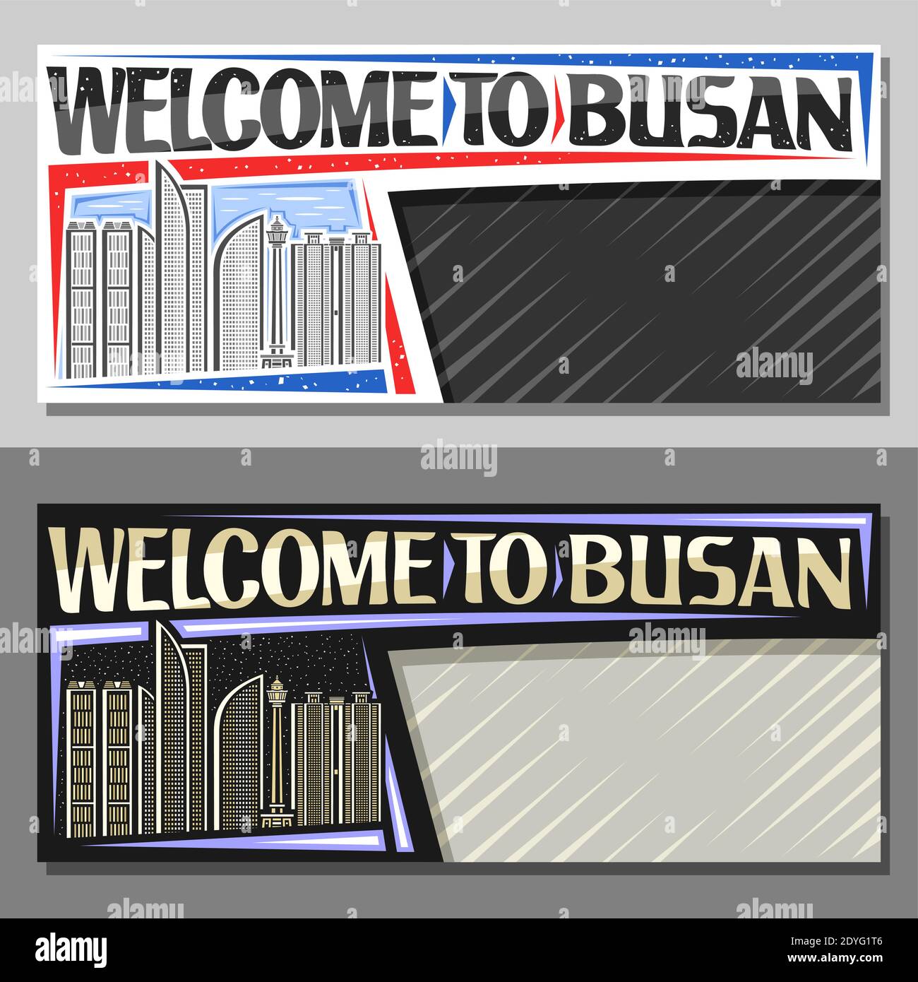 Vektor-Layouts für Busan mit Kopierraum, dekorativer Gutschein mit Umriss Illustration der modernen busan Stadtlandschaft am Tag und Abenddämmerung Himmel Hintergrund, Kunst Stock Vektor