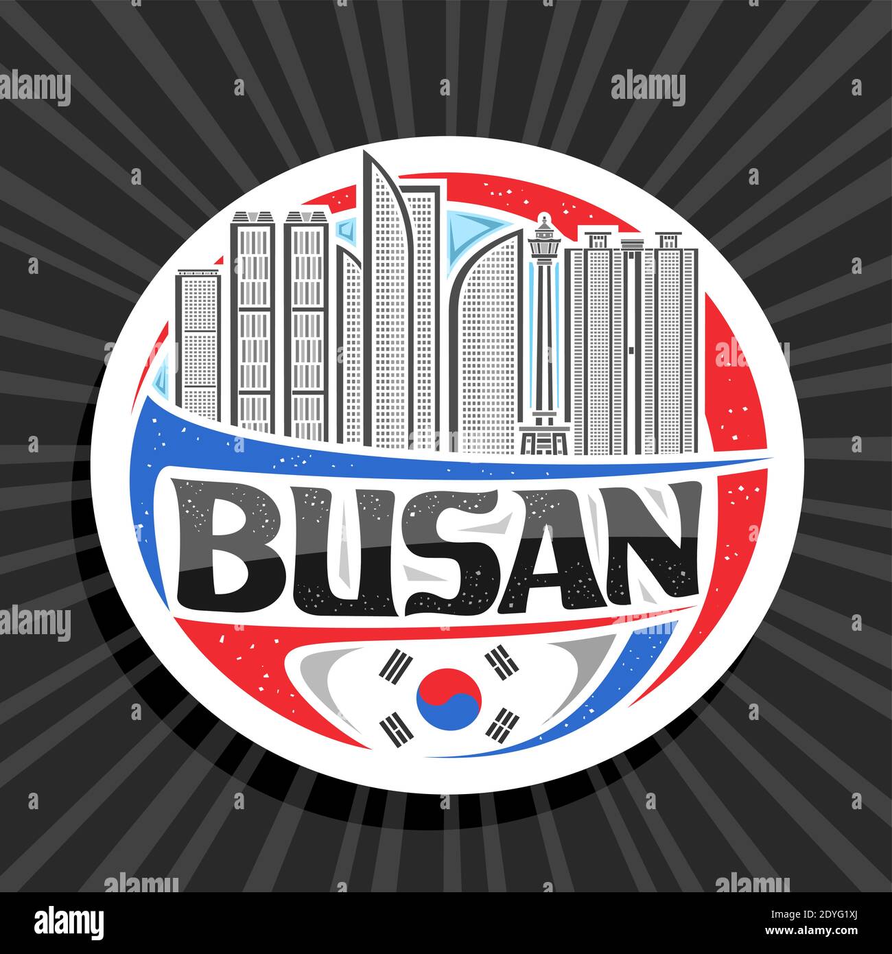 Vektor-Logo für Busan, dekorative Kreis Abzeichen mit Umriss Illustration der städtischen busan Stadtlandschaft am Tag Himmel Hintergrund, Kunst Design Tourist Kühlschrank ma Stock Vektor