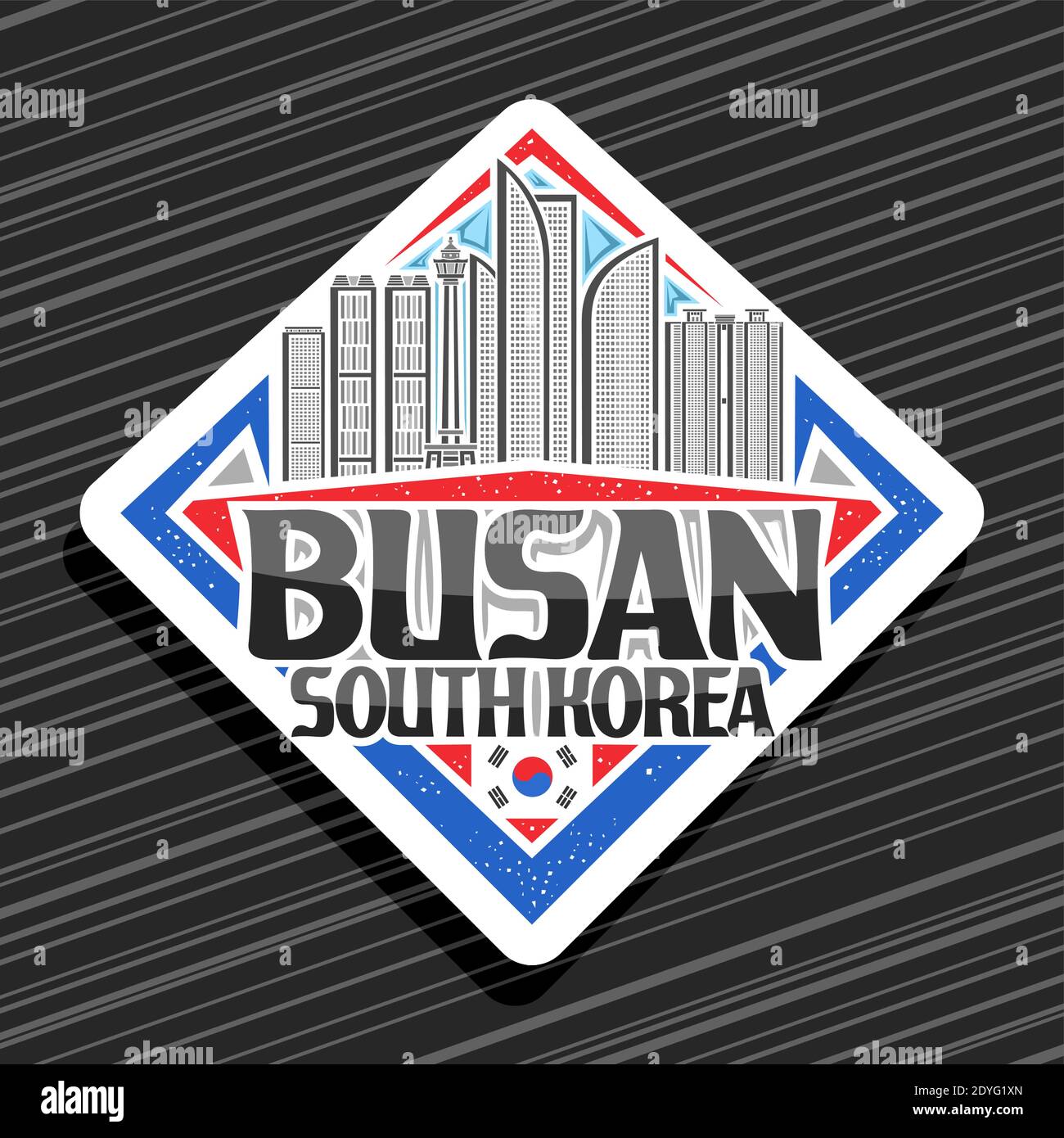 Vektor-Logo für Busan, weiße Rhombus-Straßenschild mit Umriss Illustration von busan Stadtbild auf Tag Himmel Hintergrund, Kunst-Design Tourist Kühlschrank Magnet w Stock Vektor