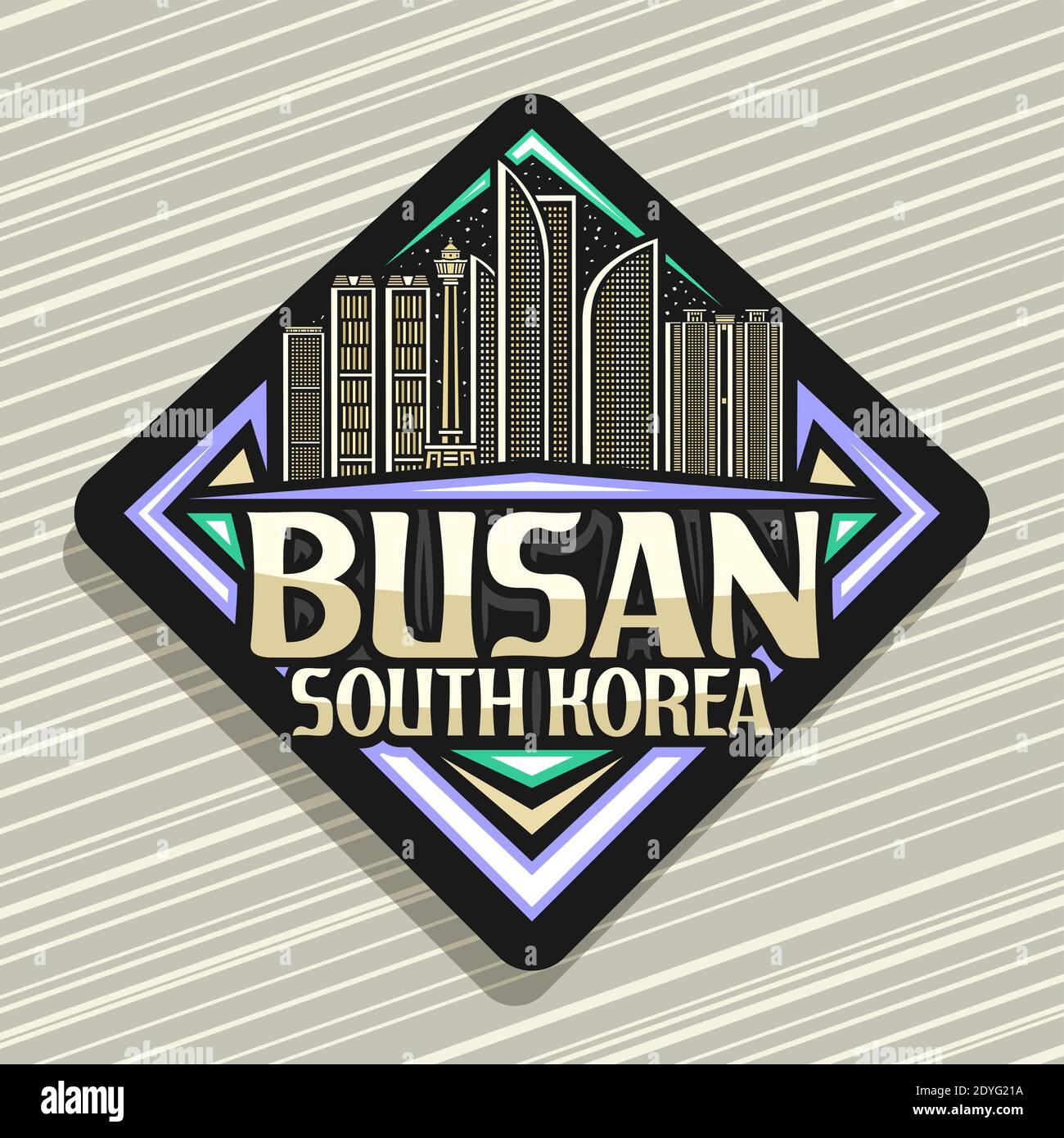 Vektor-Logo für Busan, schwarze Rhombus-Straßenschild mit Abbildung der berühmten busan Stadtbild auf Dämmerung Himmel Hintergrund, Kunst Design Tourist Kühlschrank Magnet w Stock Vektor