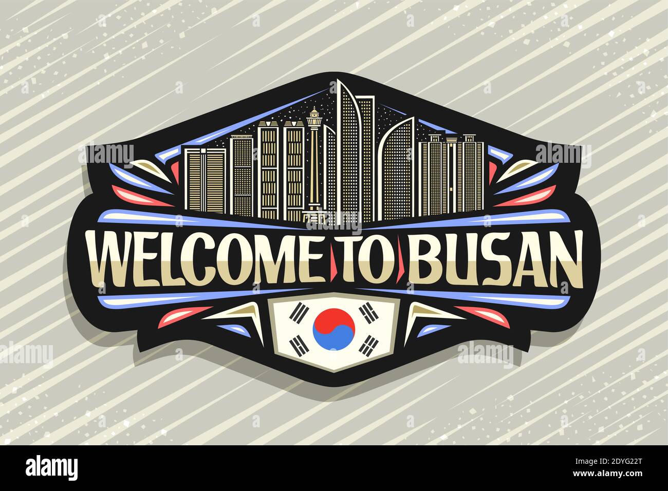 Vektor-Logo für Busan, schwarzer dekorativer Tag mit Liniendarstellung der berühmten busan Stadtlandschaft auf Dämmerung Himmel Hintergrund, Kunst Design Tourist Kühlschrank Magnet Stock Vektor