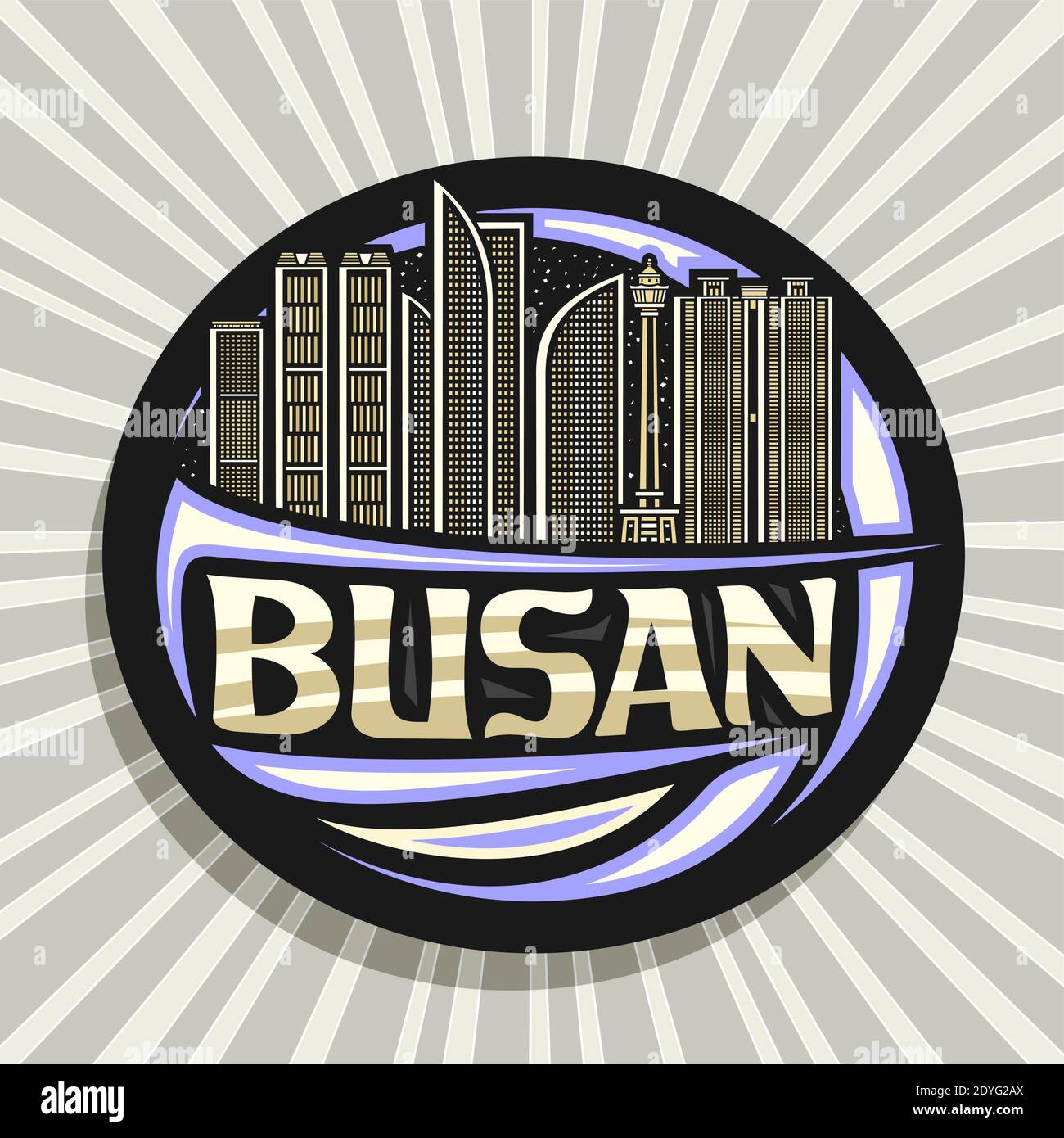 Vektor-Logo für Busan, schwarz dekorativen runden Abzeichen mit Umriss Illustration der städtischen busan Stadtlandschaft auf Dämmerung Himmel Hintergrund, Kunst Design Tourist fr. Stock Vektor