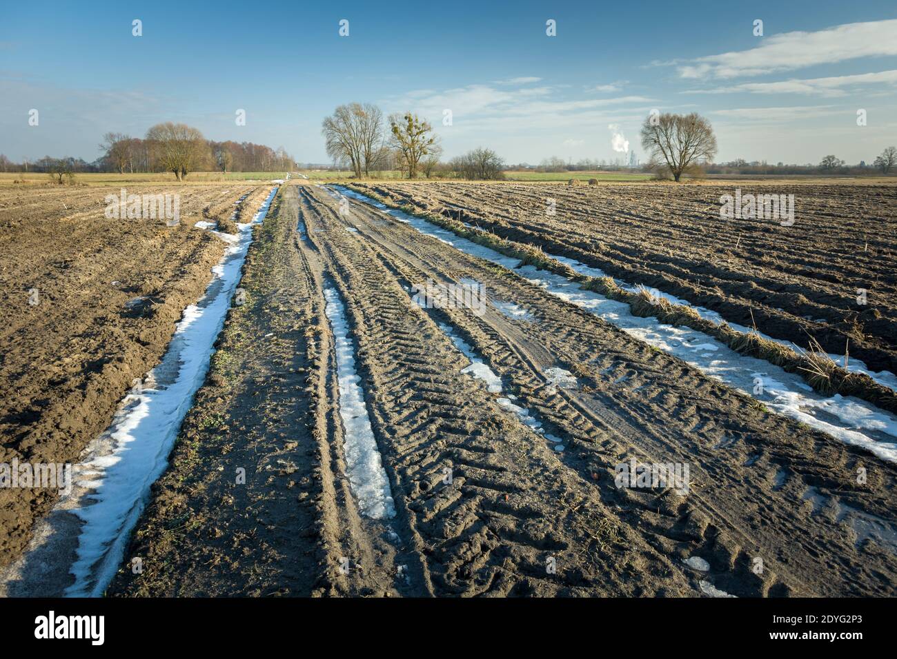 Schlammige Straße mit schmelzendem Schnee, gepflügte Felder, Wintertag Stockfoto