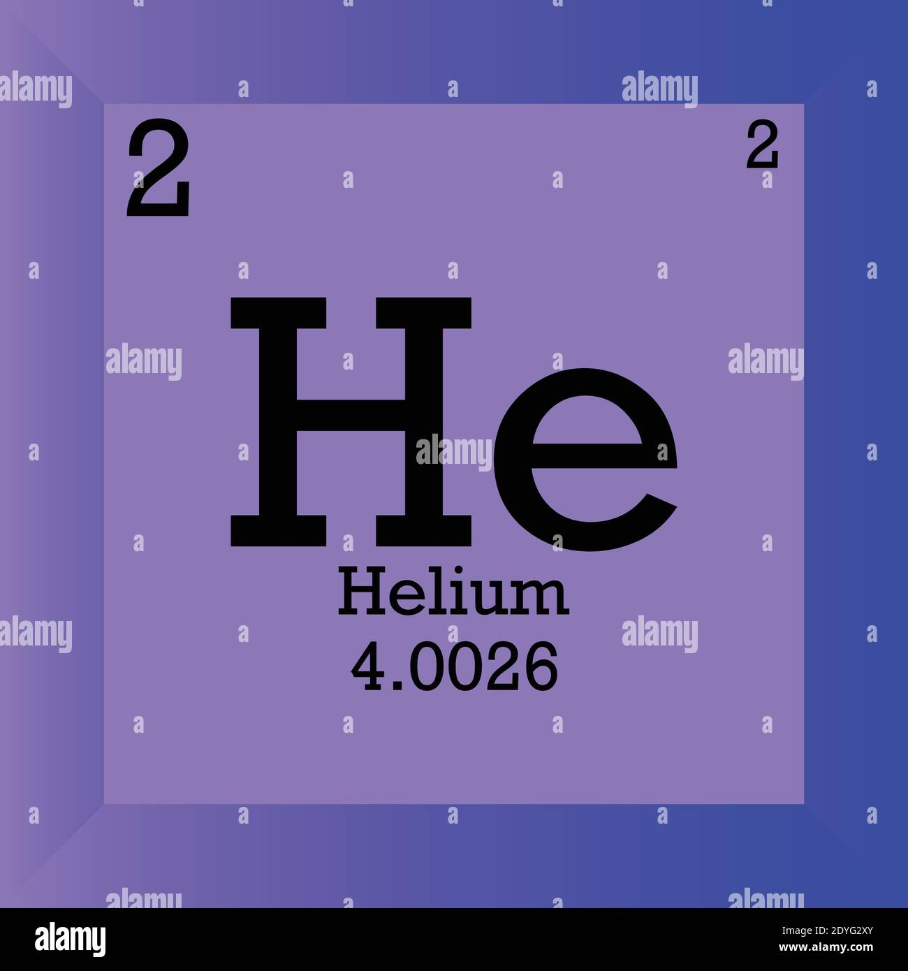 He Helium Chemical Element Periodensystem. Einzelvektordarstellung, Elementsymbol mit molarer Masse, Ordnungszahl und Elektronenkonf. Stock Vektor
