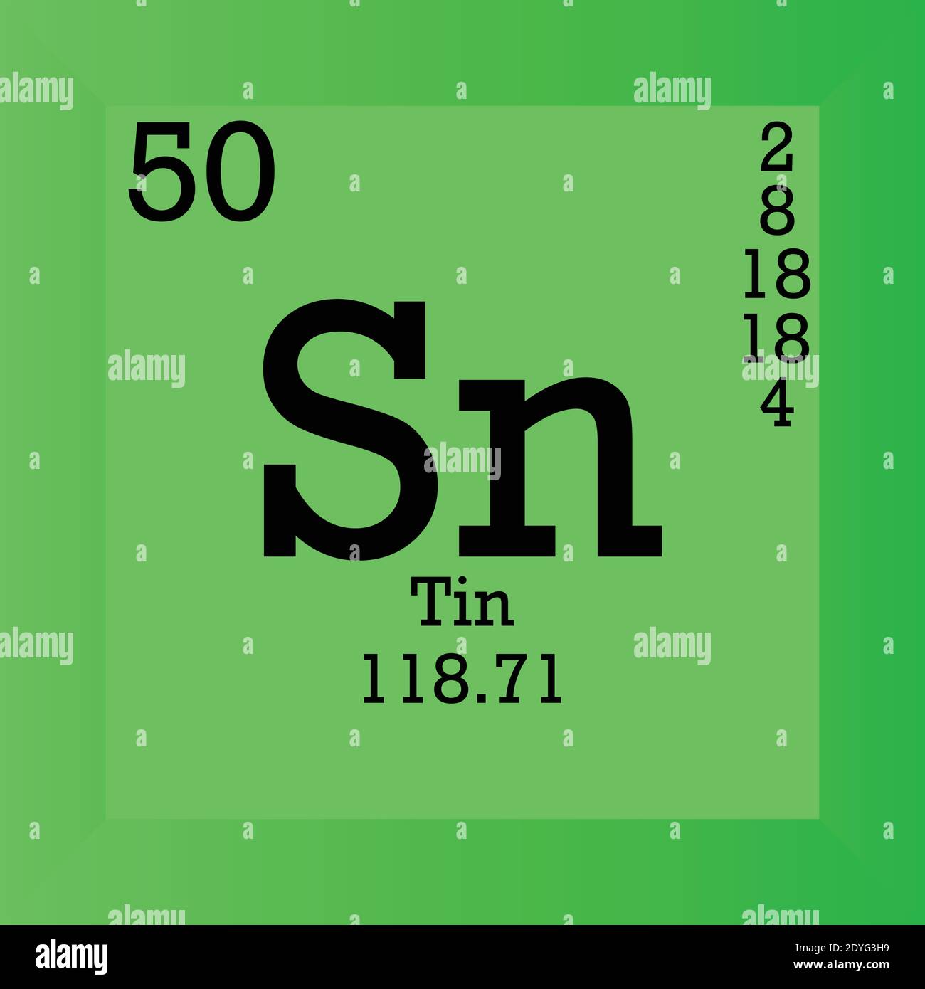 Sn Zinn – Periodensystem Für Chemische Elemente. Einzelvektordarstellung, Elementsymbol mit molarer Masse, Ordnungszahl und Elektronenkonf. Stock Vektor