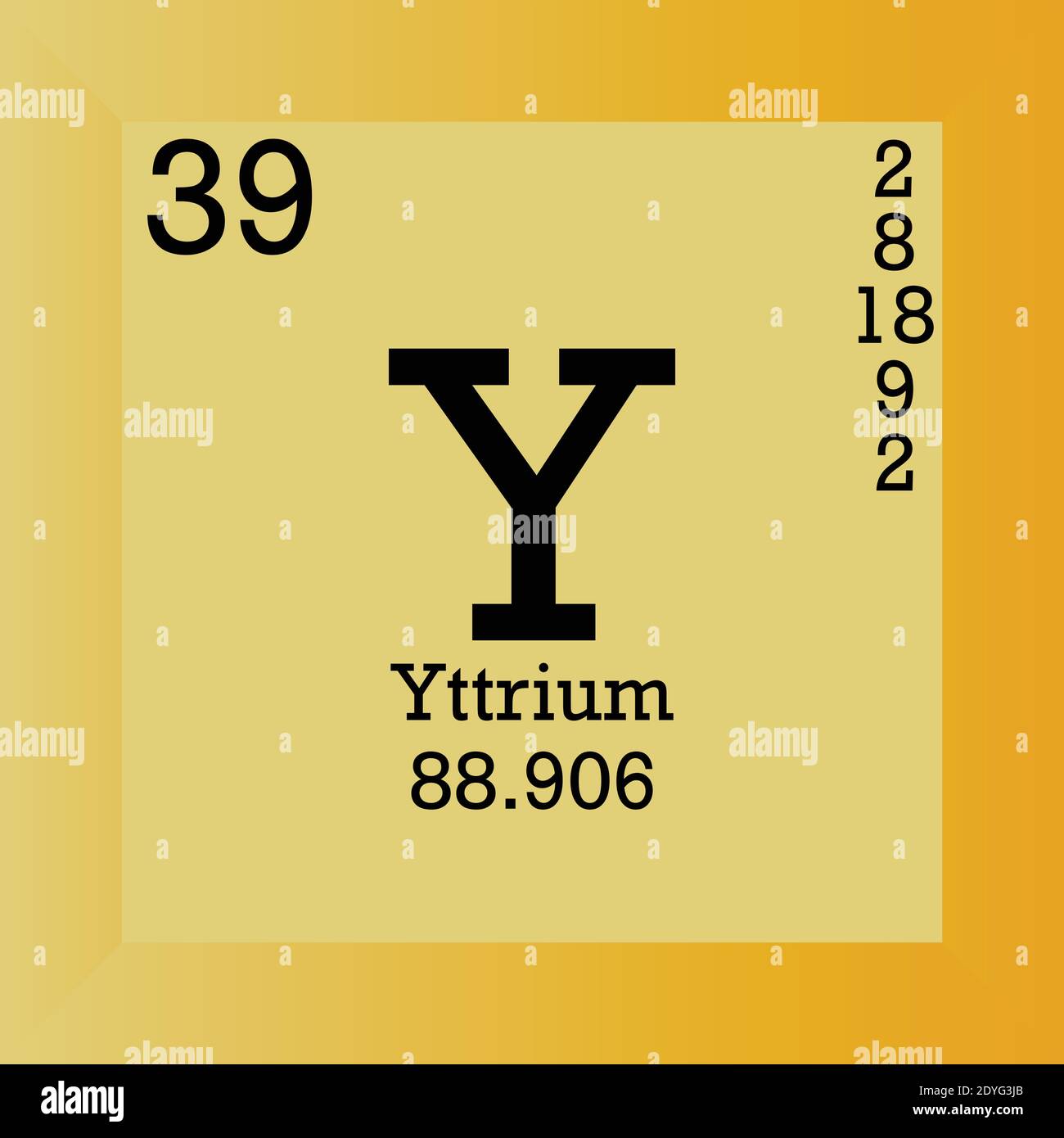 Y Yttrium Periodensystem für chemische Elemente. Einzelvektordarstellung, Elementsymbol mit molarer Masse, Ordnungszahl und Elektronenkonf. Stock Vektor