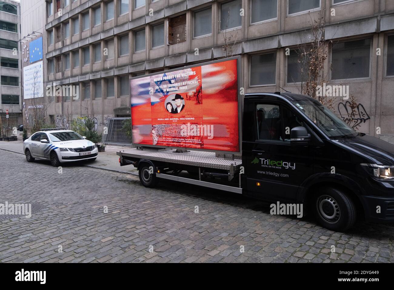 LKW in Brüssel fordert Gerechtigkeit nach den Bombenanschlägen in Mumbai im Jahr 2018. Brüssel am 2020-11-26. Camion a Bruxelles demandant Justice Suite aux atte Stockfoto