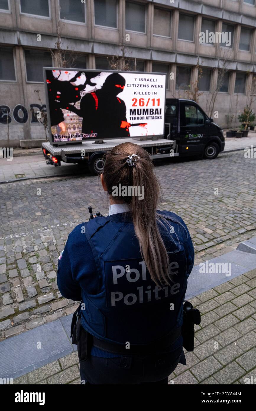 LKW in Brüssel fordert Gerechtigkeit nach den Bombenanschlägen in Mumbai im Jahr 2018. Brüssel am 2020-11-26. Camion a Bruxelles demandant Justice Suite aux atte Stockfoto