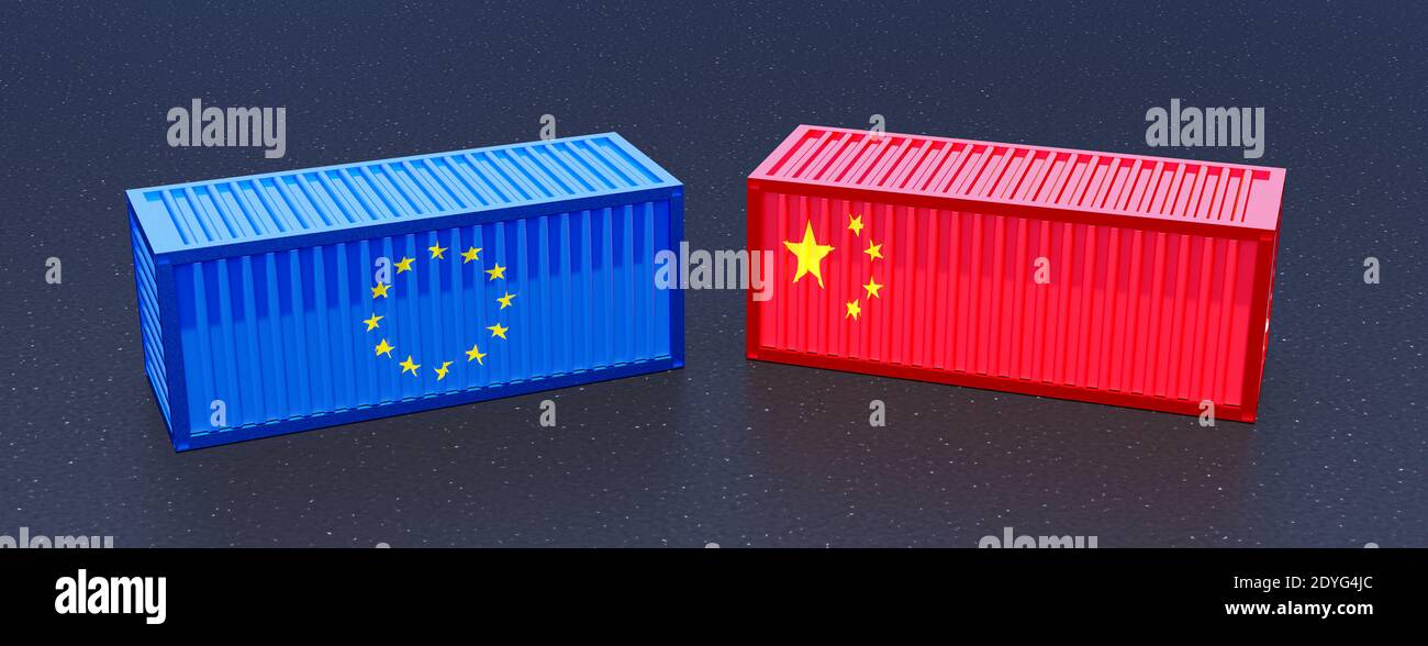 Zwei Frachtschiffcontainer, rote chinesische Flagge und blaue EU-Flagge, EU gegen China, Produktionsmarkt, Industrie- und Geschäftsrivalität, Kampf Stockfoto