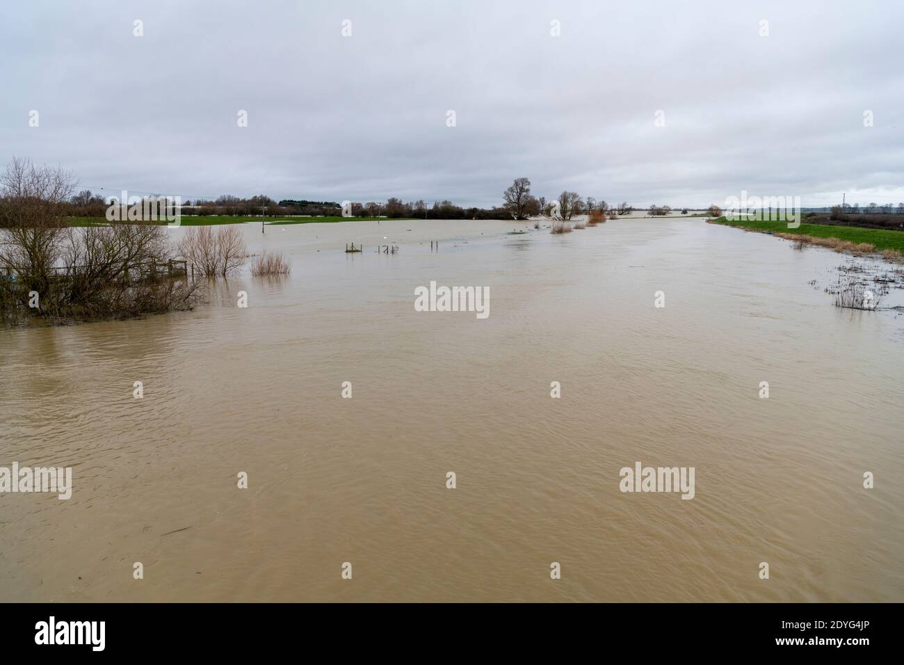 Earith Cambridgeshire, Großbritannien. Dezember 2020. Der Fluss Great Ouse hat es Ufer nach den jüngsten starken regen, die Überschwemmungen entlang der Ouse Valley verursacht geplatzt. Der Fluss ist eines der wichtigsten Entwässerungssysteme für East Anglia, das Wasser über East Anglia zur Wash und Nordsee in Norfolk führt. Straßen sind gesperrt, der Wasserstand ist hoch und es wird mehr Starkregen vorhergesagt. Kredit: Julian Eales/Alamy Live Nachrichten Stockfoto