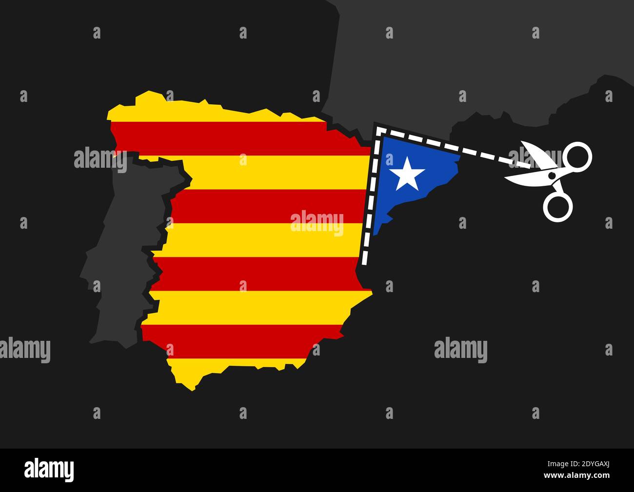 Katalonien vs Spanien - Unabhängigkeit und Souveränität der katalanischen Nation. Autonomes Territorium wird als Metapher von Trennung und Disintegg aus der Landkarte herausgeschnitten Stockfoto