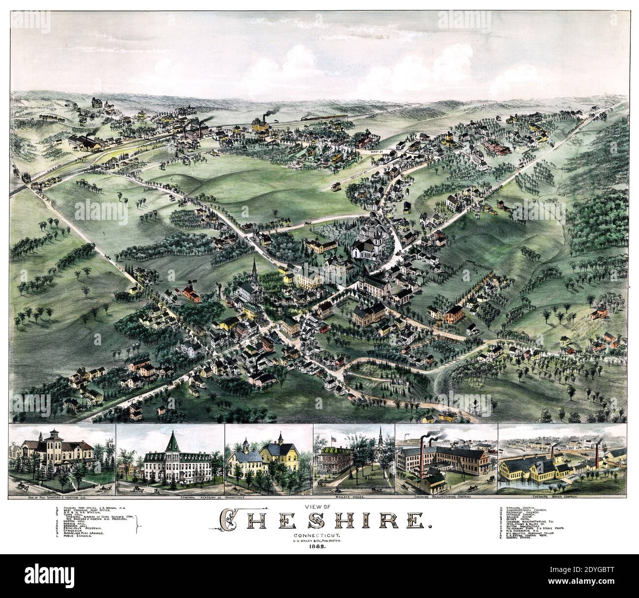 Perspektivische Ansicht von Cheshire, Connecticut, von 1882 Karte. Beachten Sie die Position der Points of Interest. Stockfoto