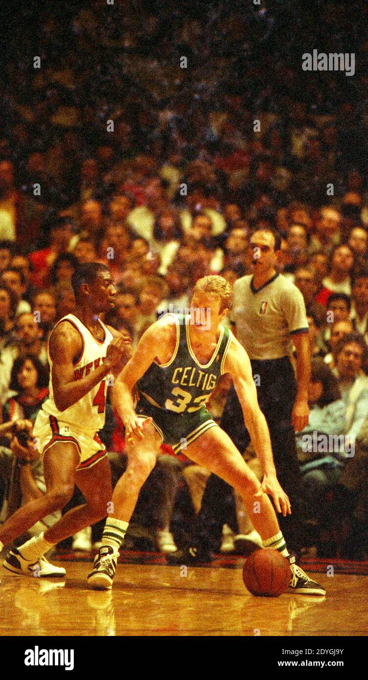 Larry Bird der Boston Celtics steuert den Ball, während der Johnny Newman der New York Knicks, verteidigt während eines Spiels im Madison Square Garden am 26. März 1988. Stockfoto