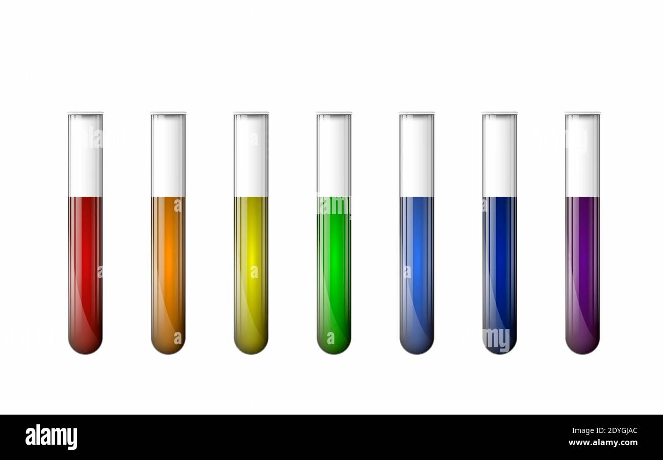 Ein Satz chemischer Reagenzgläser mit mehrfarbigen Flüssigkeiten auf weißem Hintergrund. Stockfoto