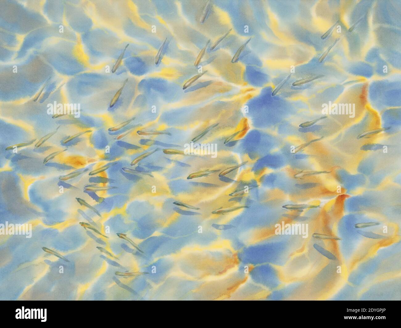 Sonnige Wasser mit transparenten Wellen Aquarell Hintergrund Stockfoto