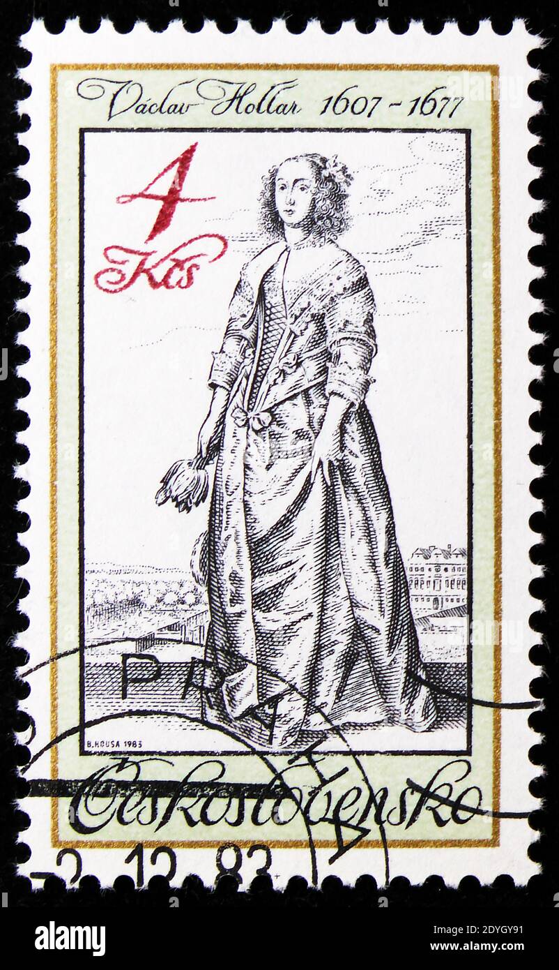 MOSKAU, RUSSLAND - 8. AUGUST 2019: Briefmarke in der Tschechoslowakei gedruckt zeigt Dame, von Vaclav Hollar (1607-1677), Alte Uniformen und Kostüme Serie, CI Stockfoto