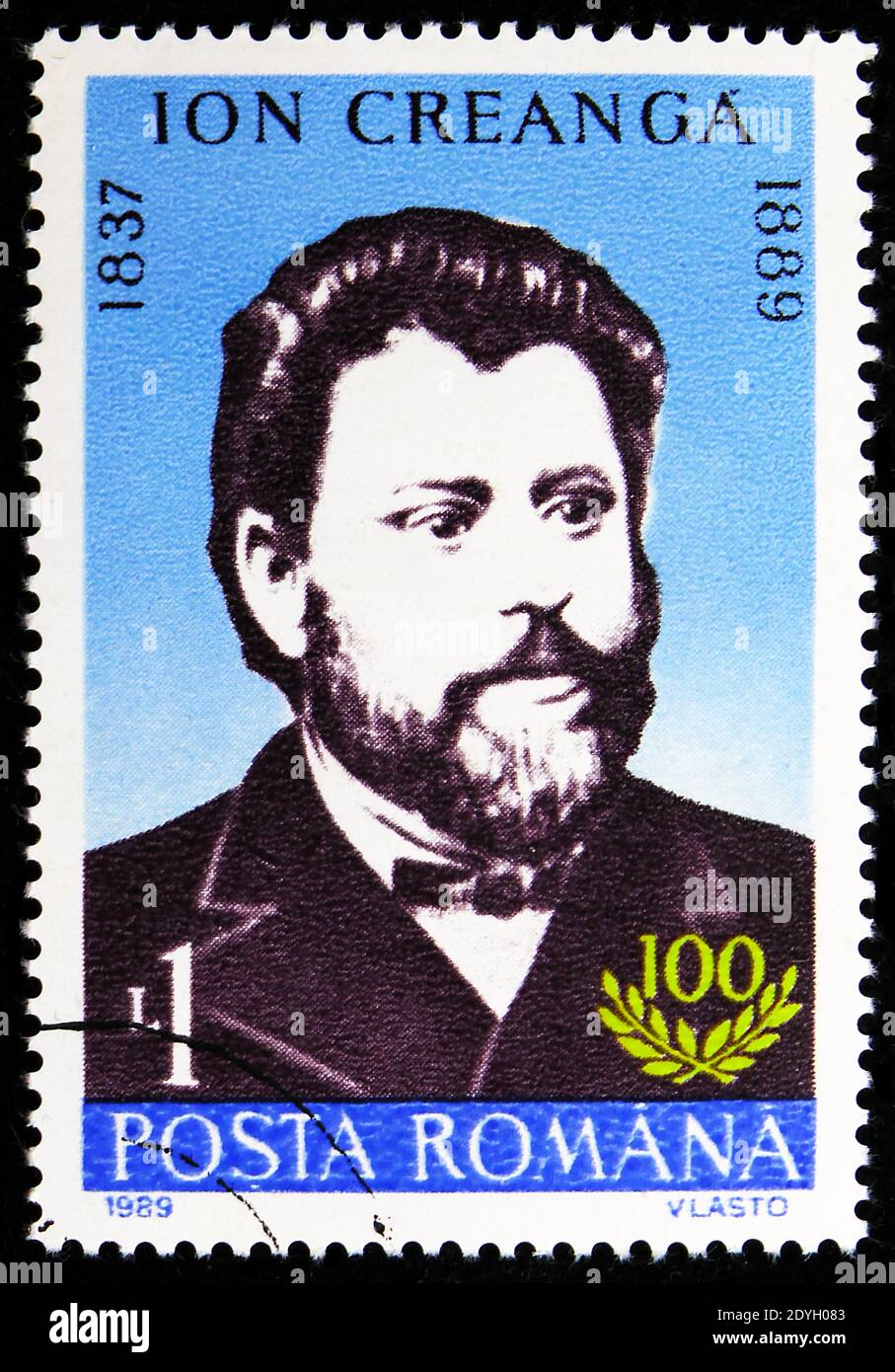 MOSKAU, RUSSLAND - 8. AUGUST 2019: Briefmarke gedruckt in Rumänien zeigt Ion Creanga, Jahrestage 1989 Serie, um 1989 Stockfoto