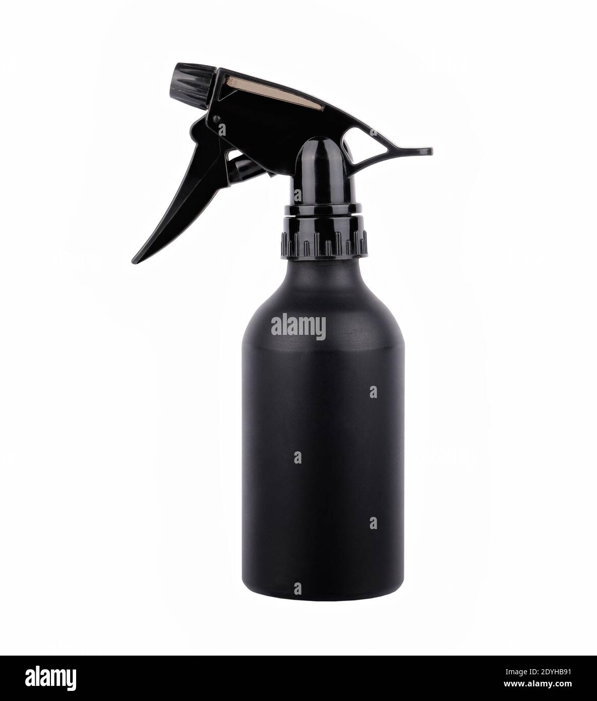 Plastikflasche für Flüssigspray, schwarze Farbe, Nahaufnahme isoliert auf weißem Hintergrund Stockfoto