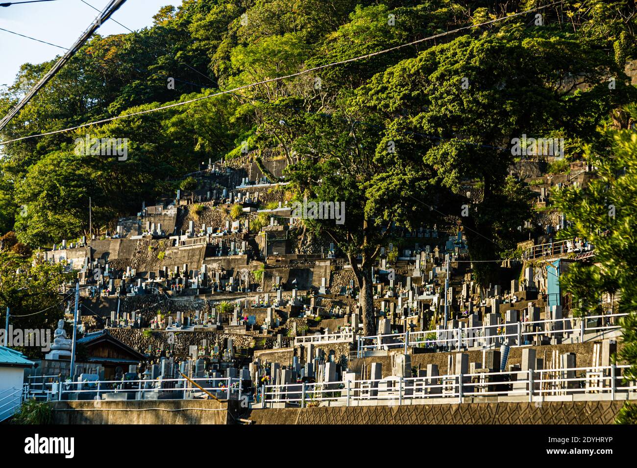 Ein terrassenförmiger Friedhof ist zwischen Häusern auf einem bewaldeten Hügel in Nishiizu-Cho, Präfektur Shizuoka, Japan, eingezwängt, Grabsteine und Steinlaternen reihen sich auf schmalen, geländergesicherten Stufen. Stockfoto