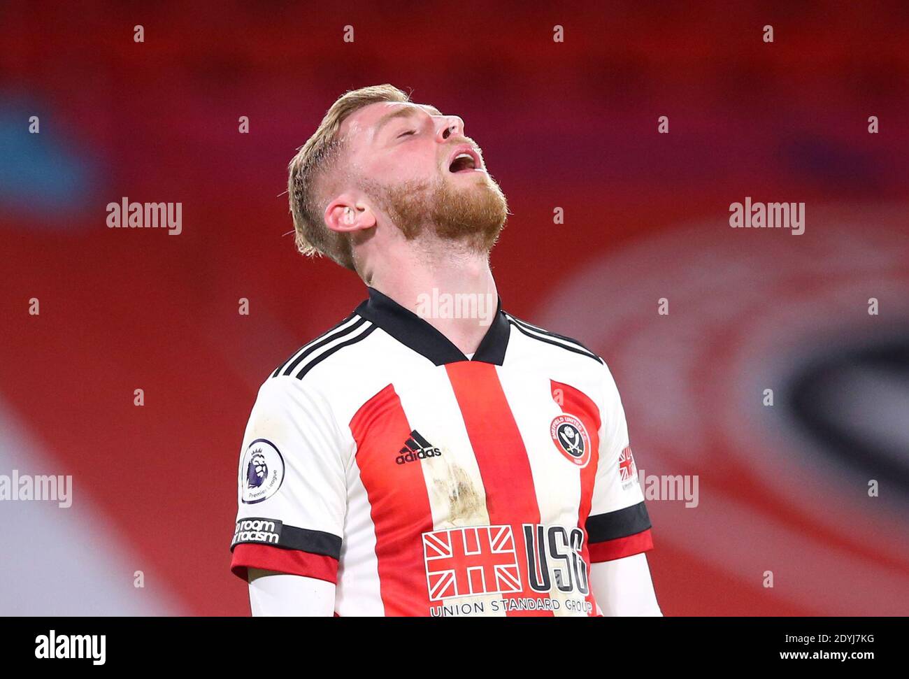 Oliver McBurnie von Sheffield United reagiert, nachdem Evertons Gylfi Sigurdsson (nicht im Bild) beim Premier League-Spiel in Bramall Lane, Sheffield, das erste Tor seiner Seite erzielt hat. Stockfoto