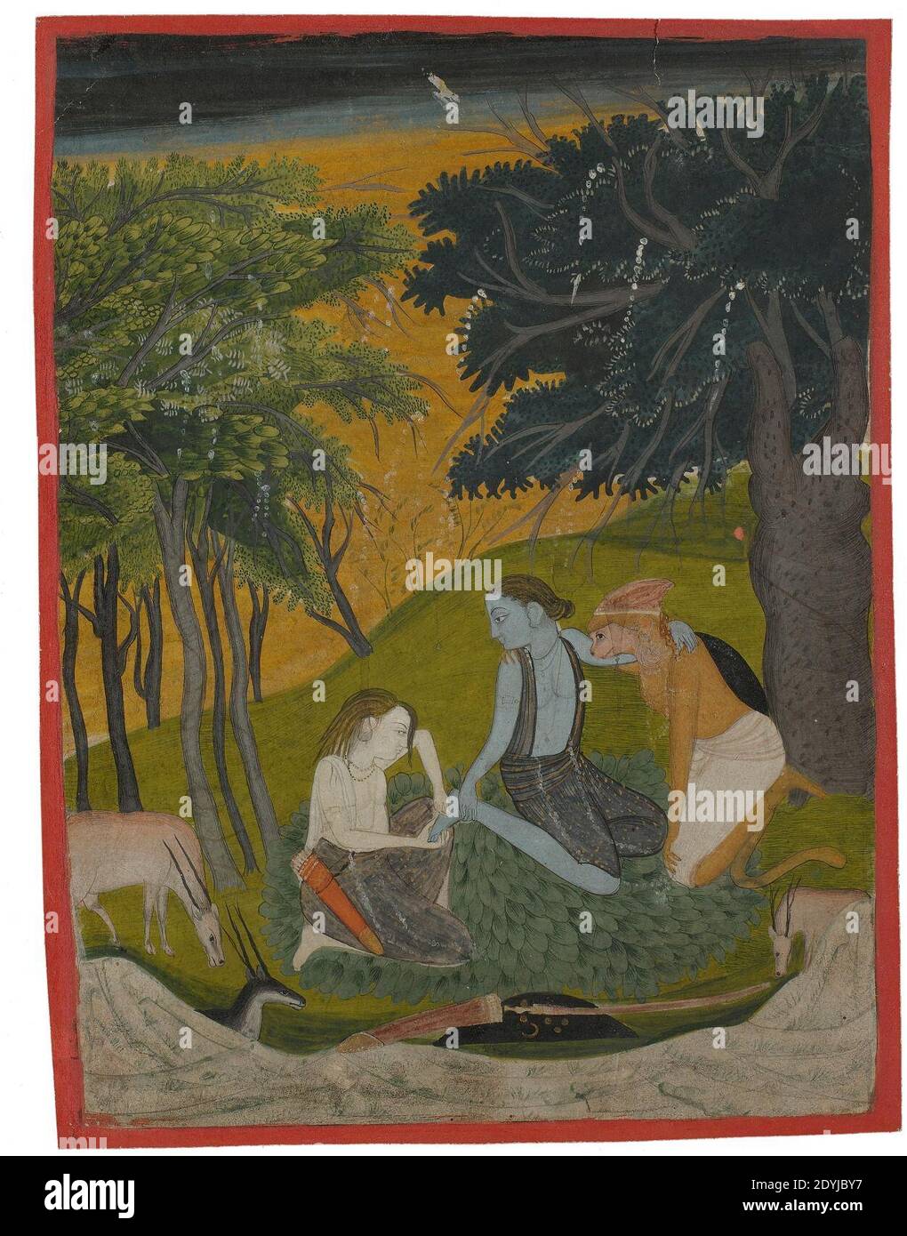 Lakshmana zieht einen Dorn aus Ramas Fuß. Stockfoto